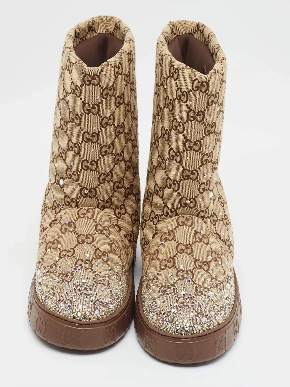 Gucci Beige Monogram Kids Boots with Brown Sole and Crystal Accents